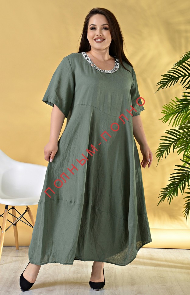17-9659A  Платье ЛЕН DARKWIN широкое свободное с зеркальным украшением по горловине 