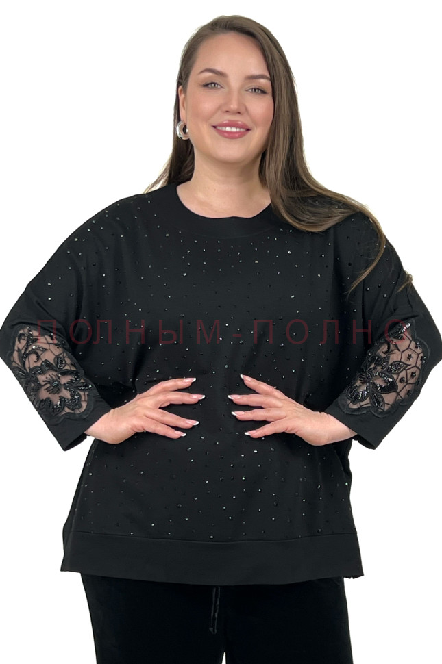 13-8517 Туника вискоза с камушками и ажурными рукавами DARKWIN
